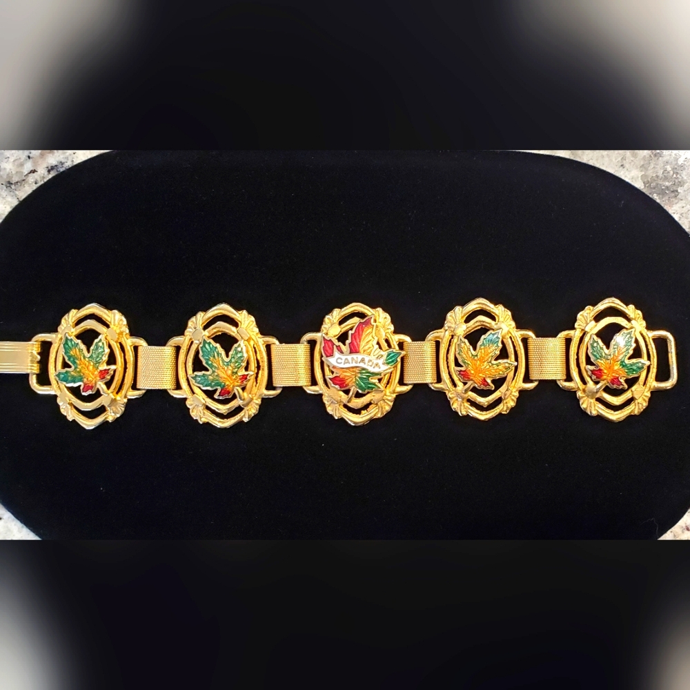 Vintage Guilloche Enamel Maple Leaf Canada Bracelet